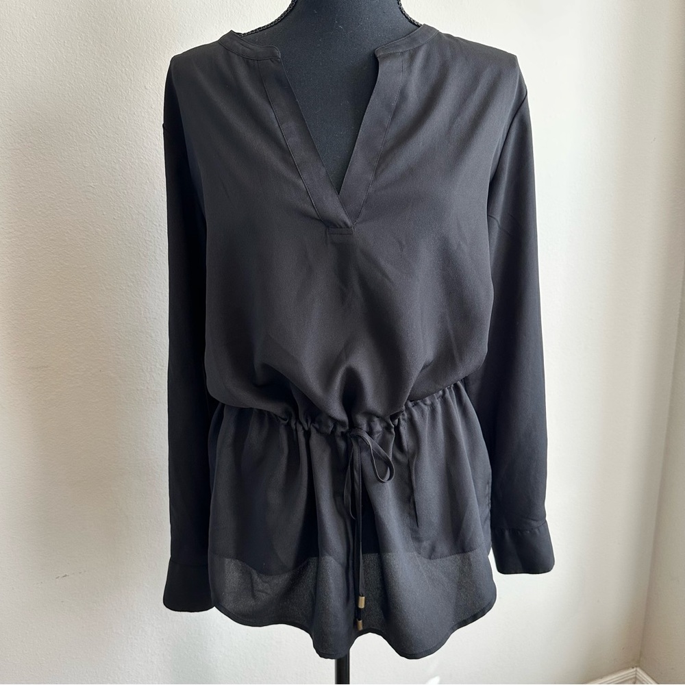 Lauren Ralph Lauren Black Tunic Semi Sheer Drawstring Waist‎ Adjustable Sleeve S